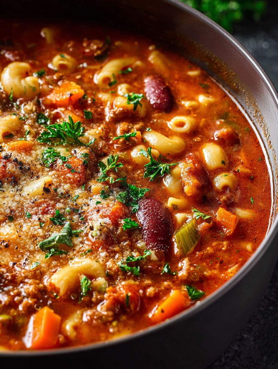 A bowl of pasta fagioli soup with noodles and vegetables.