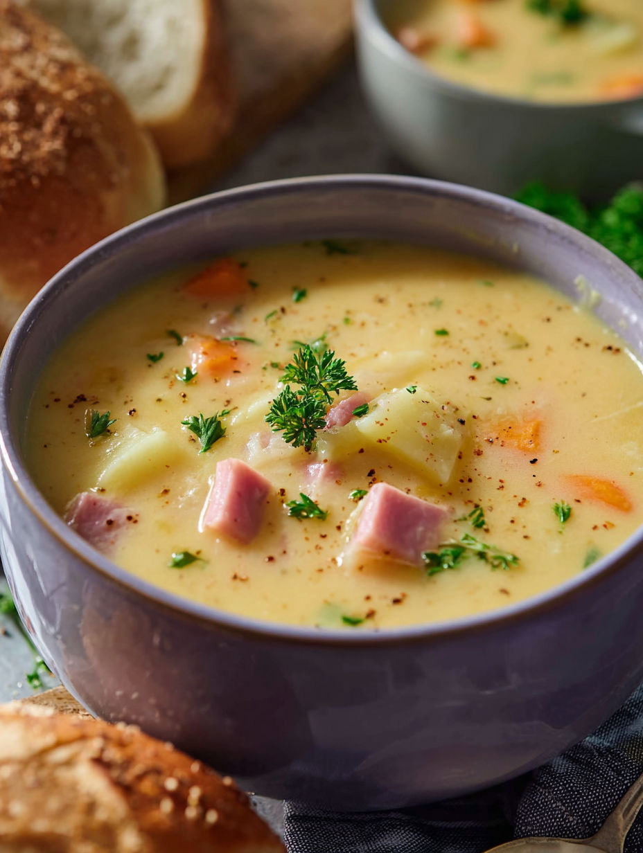 A bowl of soup with a spoon in it.