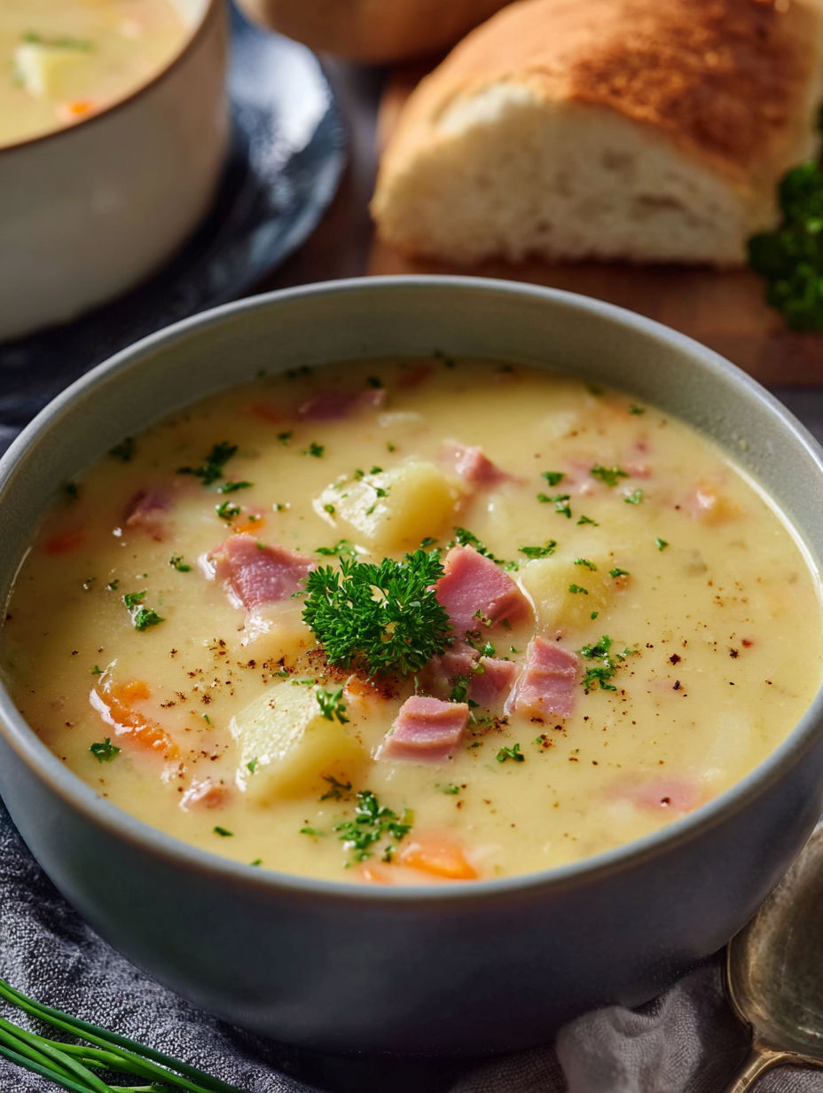 A bowl of soup with a green garnish.