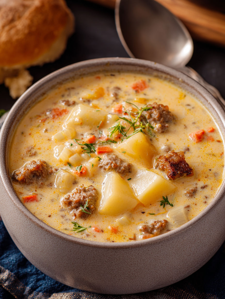 A bowl of soup with meat and vegetables.