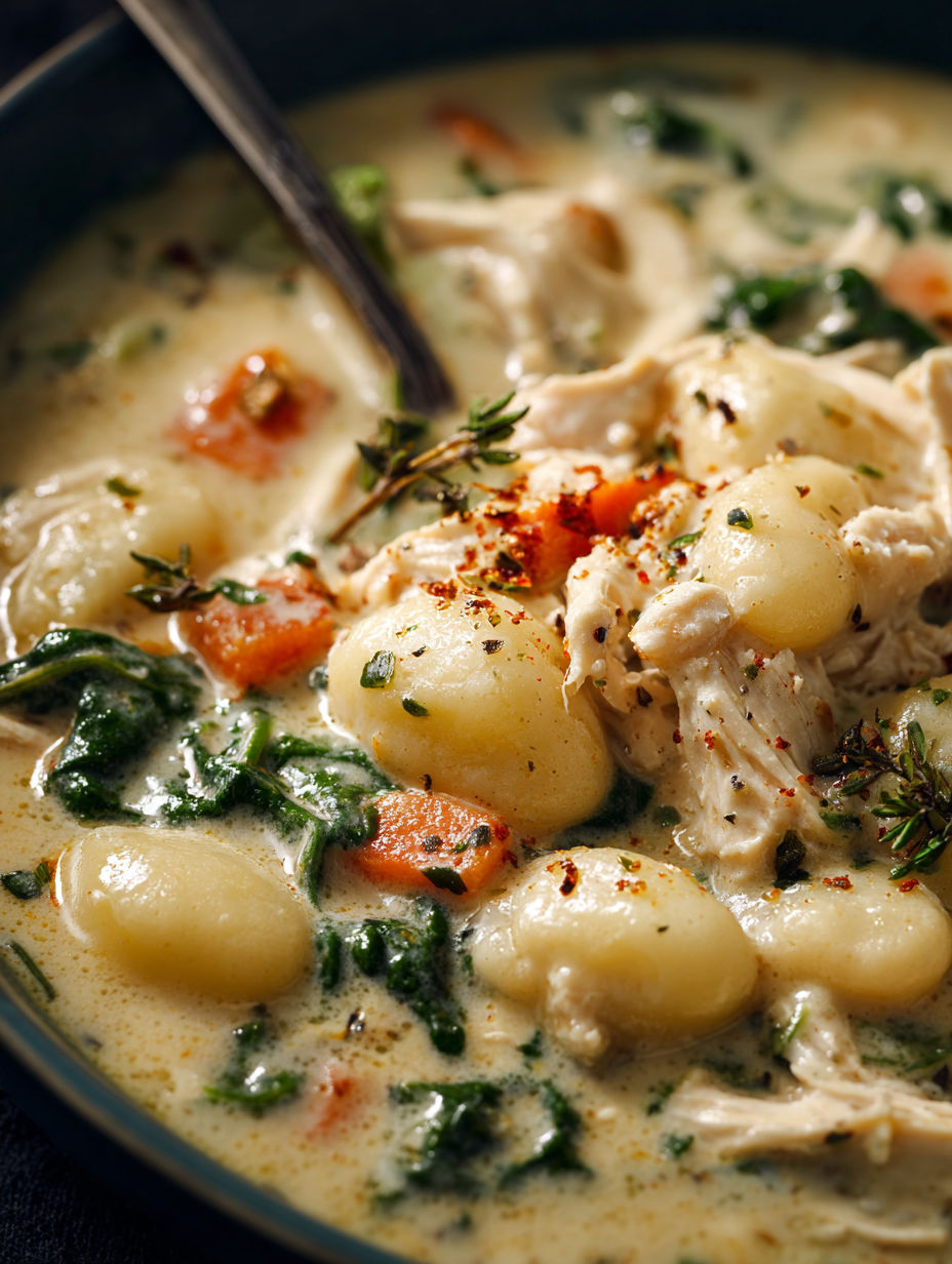 A bowl of soup with chicken and gnocchi.