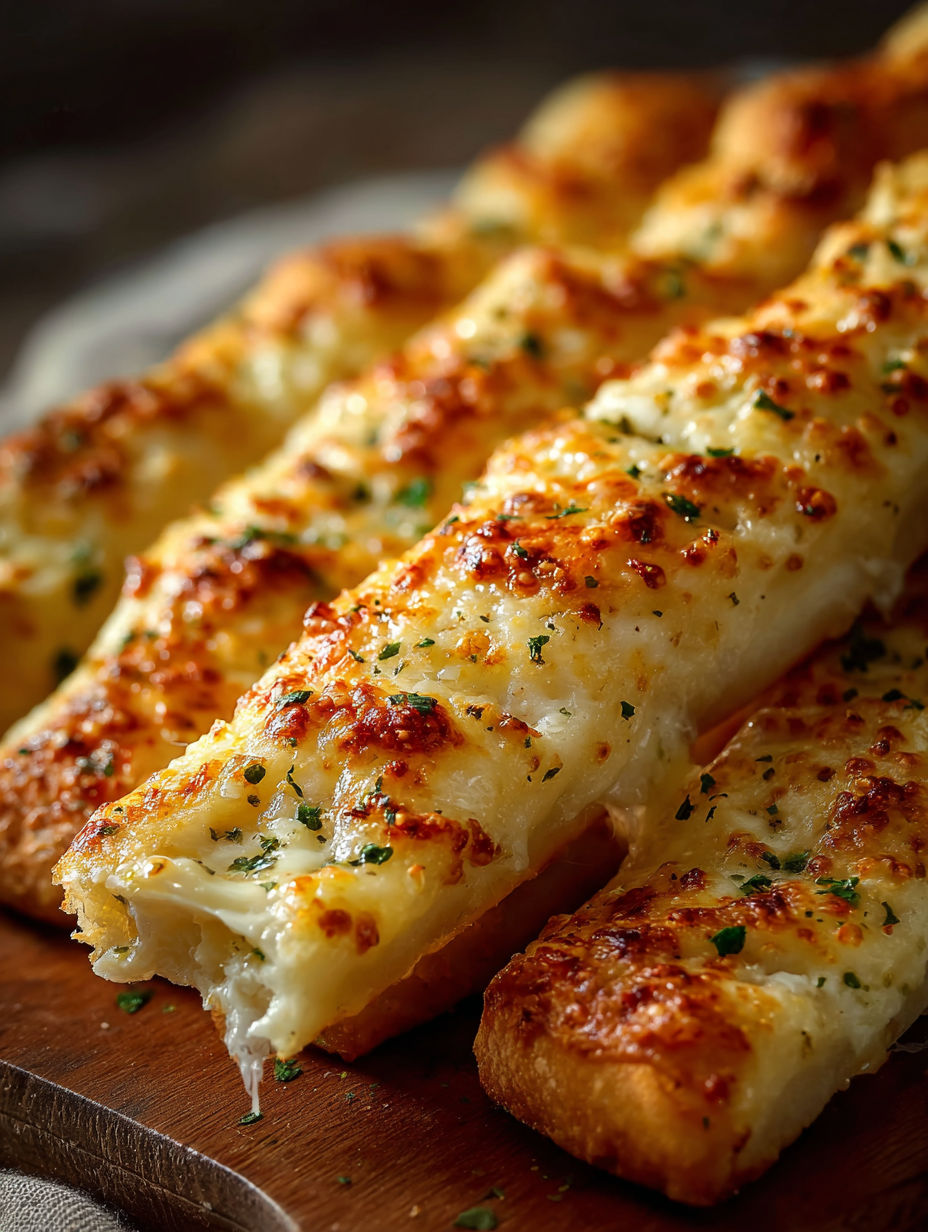 A plate of cheesy breadsticks.