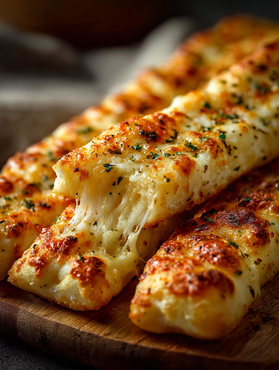 Homemade cheesy breadsticks on a wooden board.