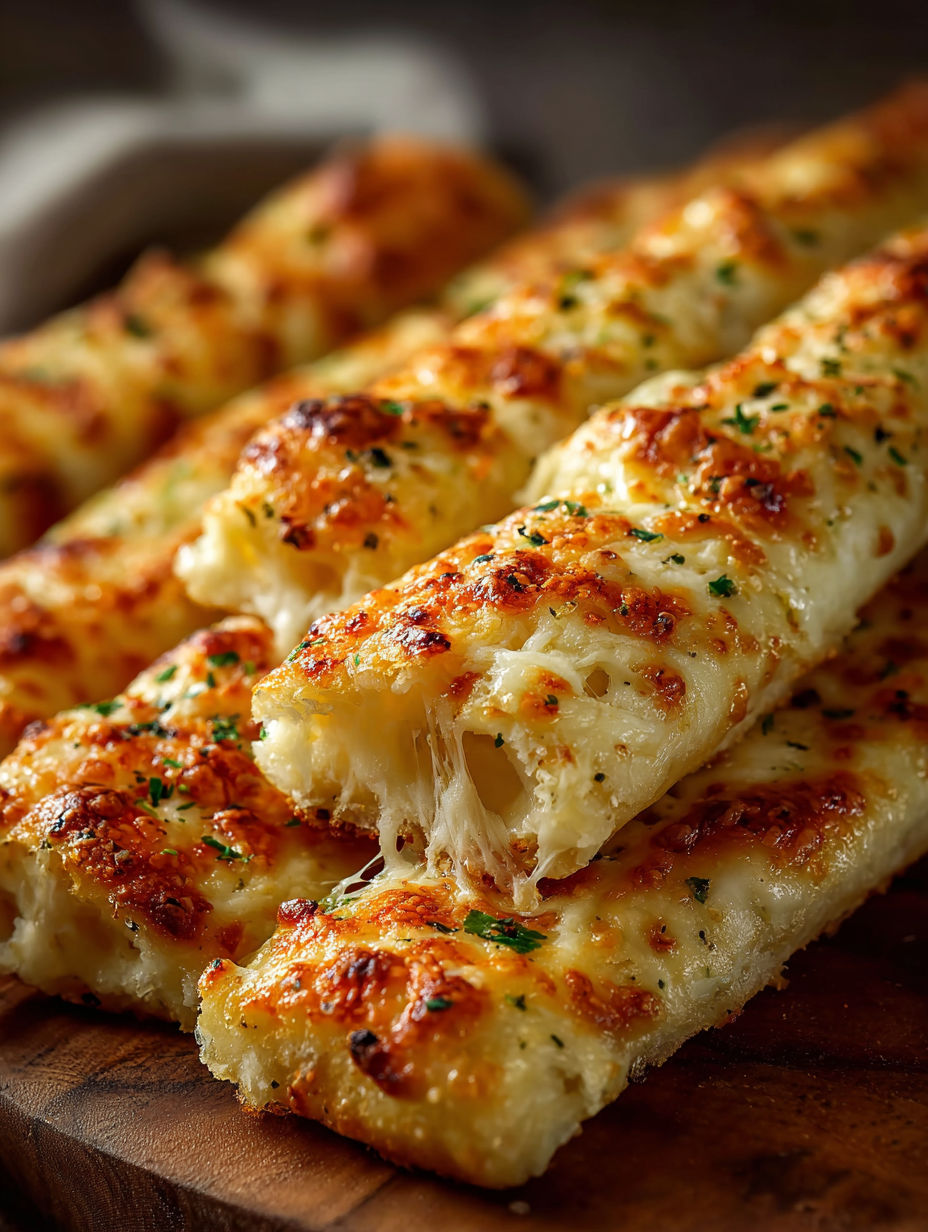 A plate of cheesy breadsticks.