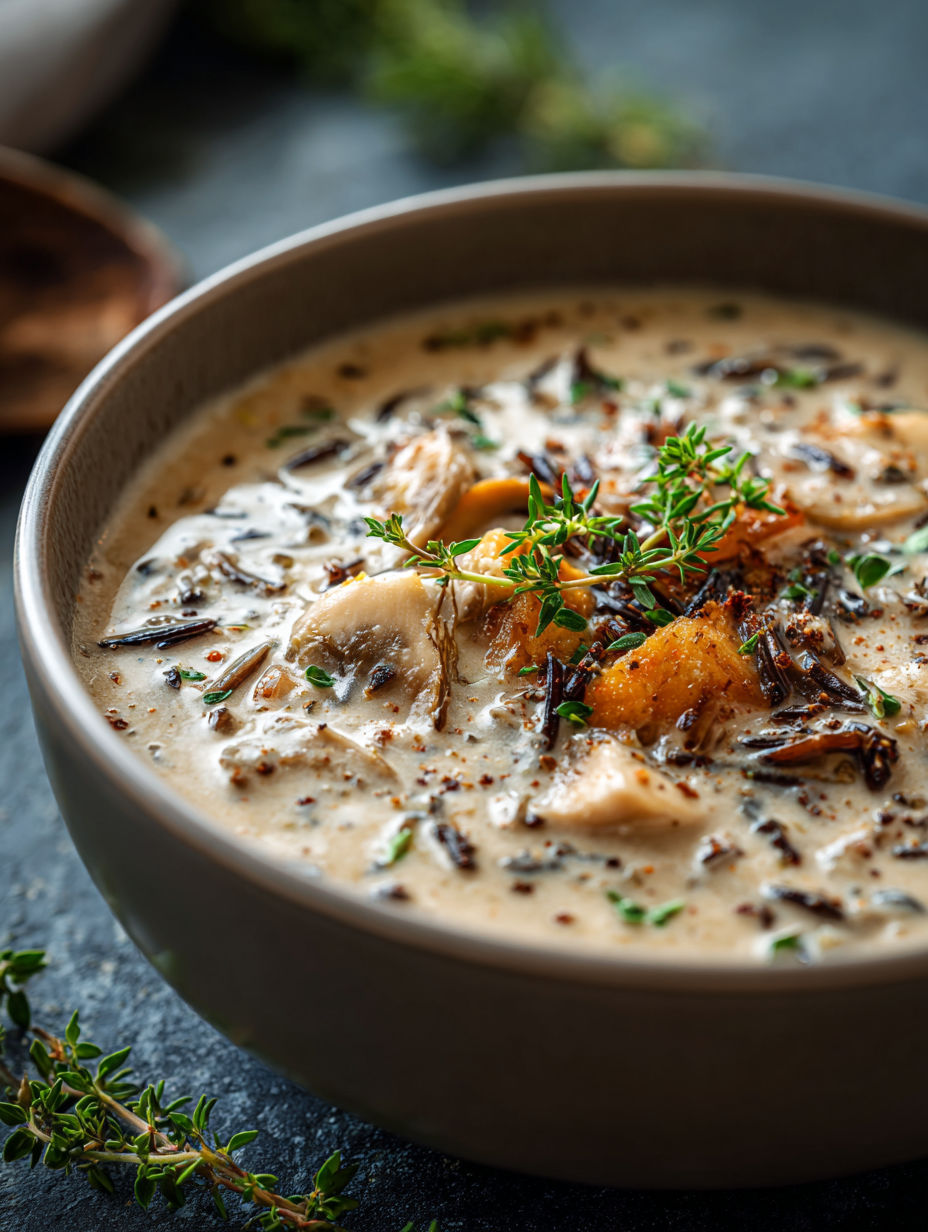 A bowl of soup with mushrooms, chicken, and rice.