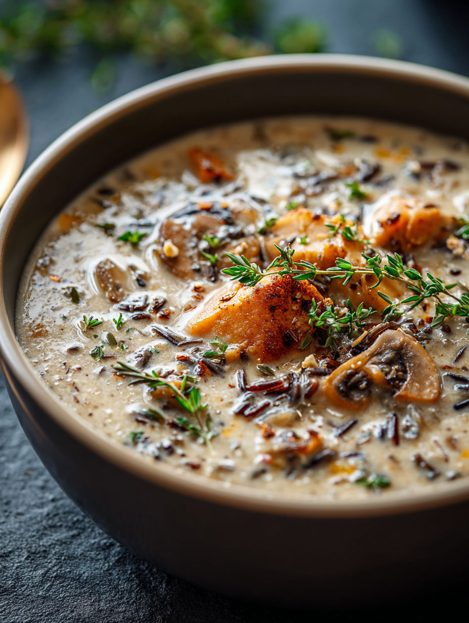 A bowl of soup with mushrooms, rice, and chicken.