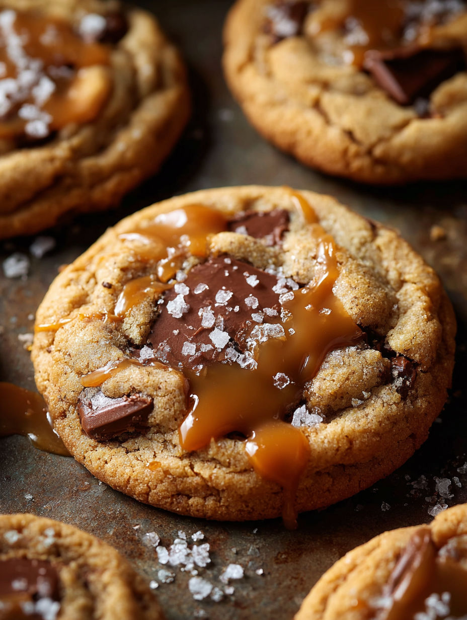 A close up of a salted caramel cookie.