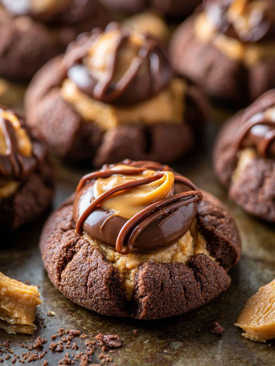 Chocolate peanut butter blossoms on a tray.