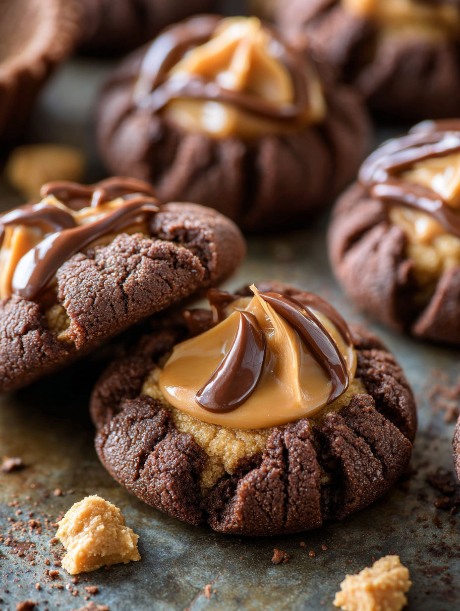 Chocolate peanut butter blossoms on a tray.