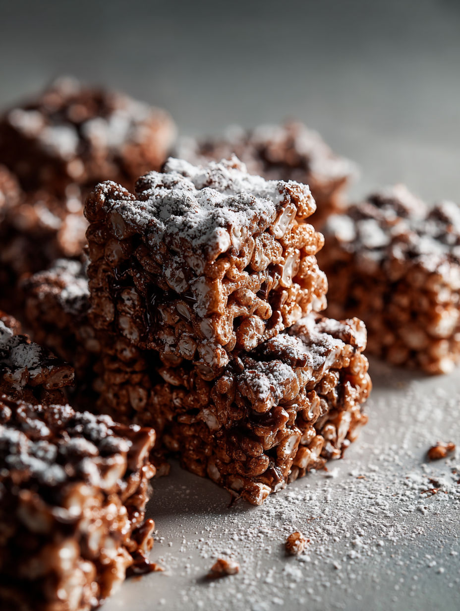 A close up of a rice krispy treat with white powder on top.