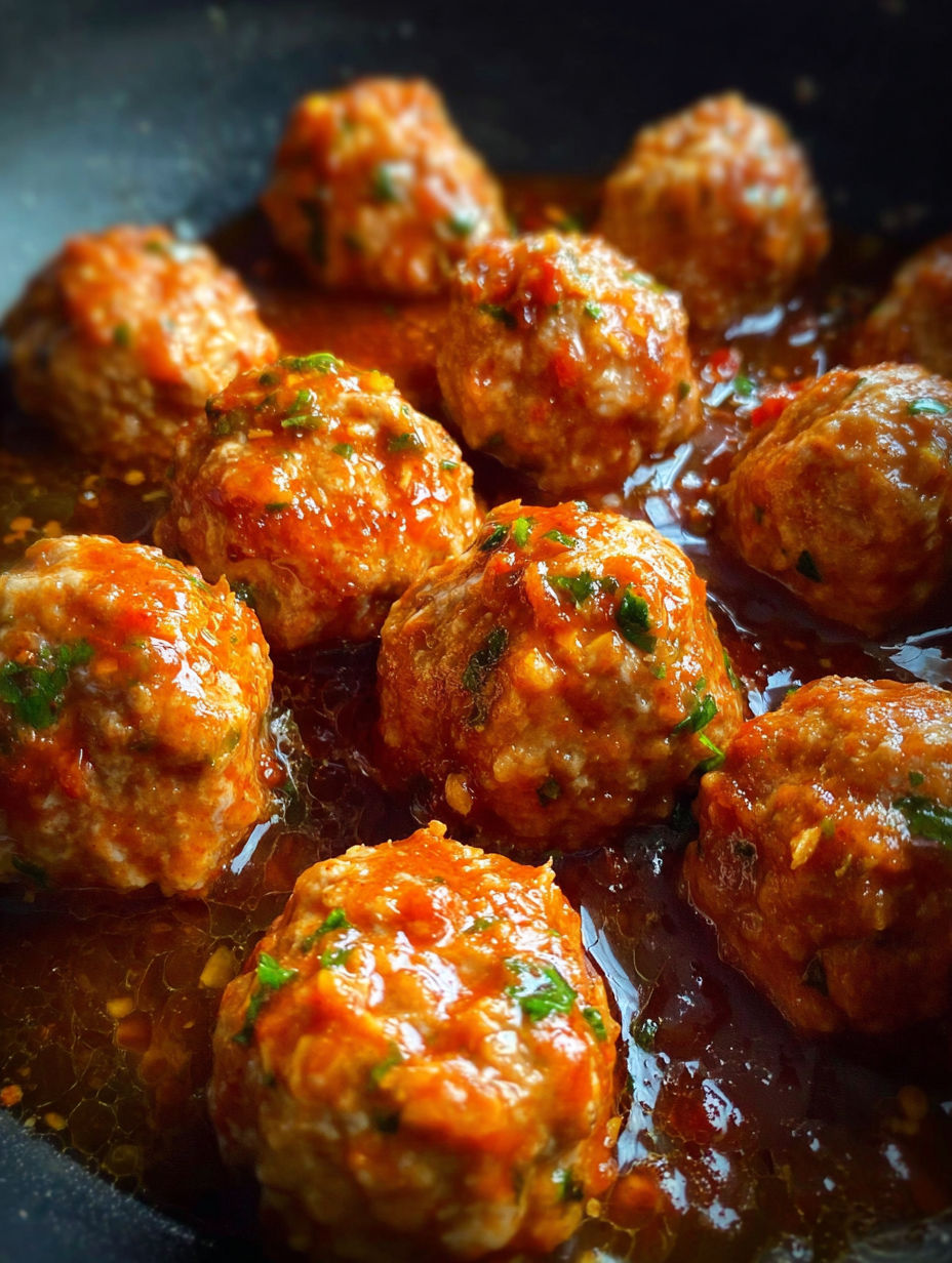 A close up of meatballs in a sauce.