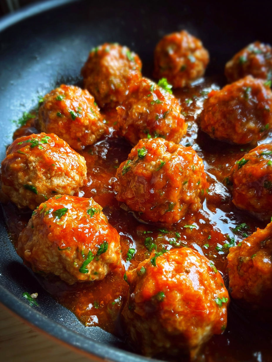A pan of meatballs in a sauce.