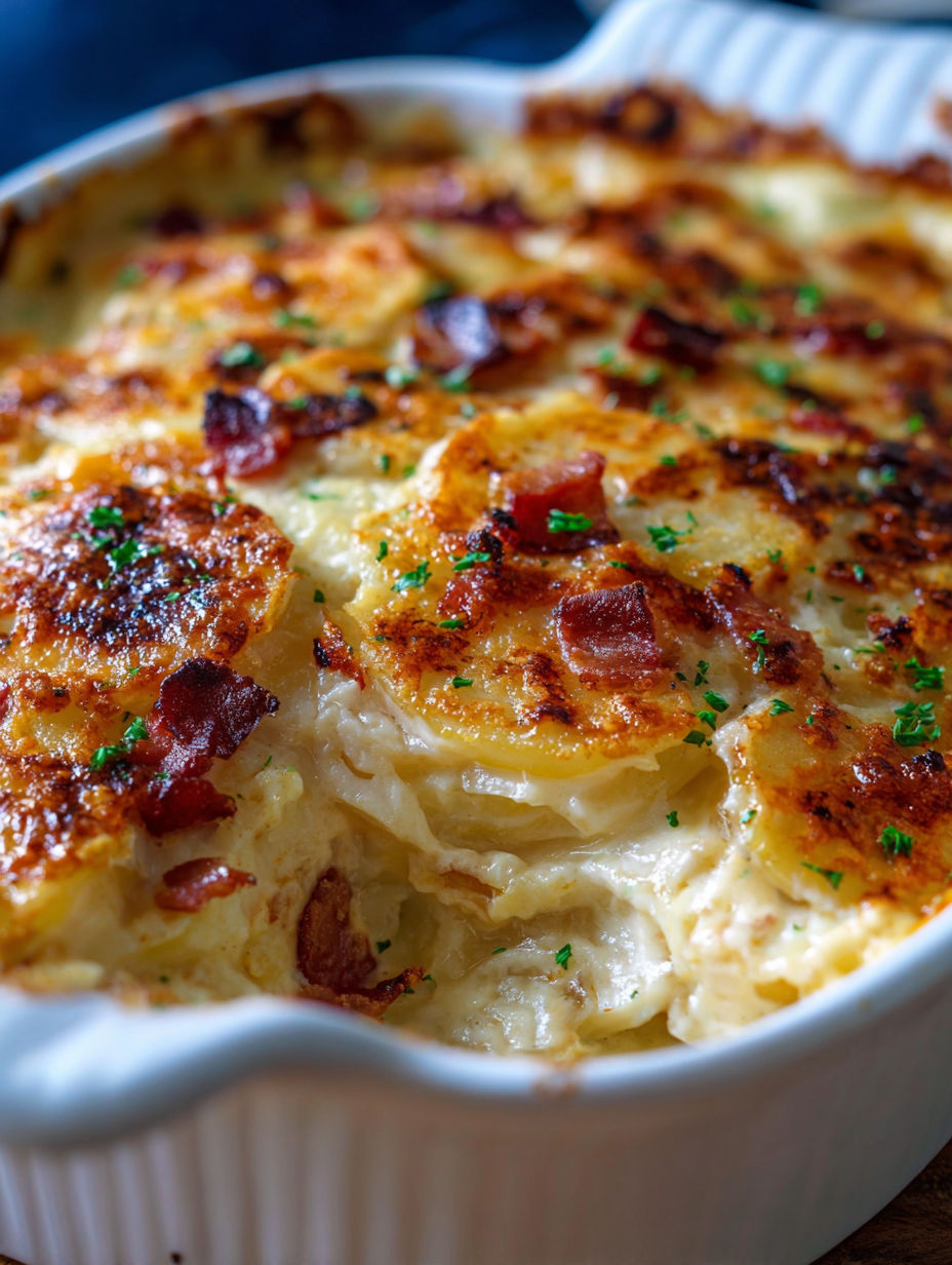 A dish of scalloped potatoes with bacon and cheese.