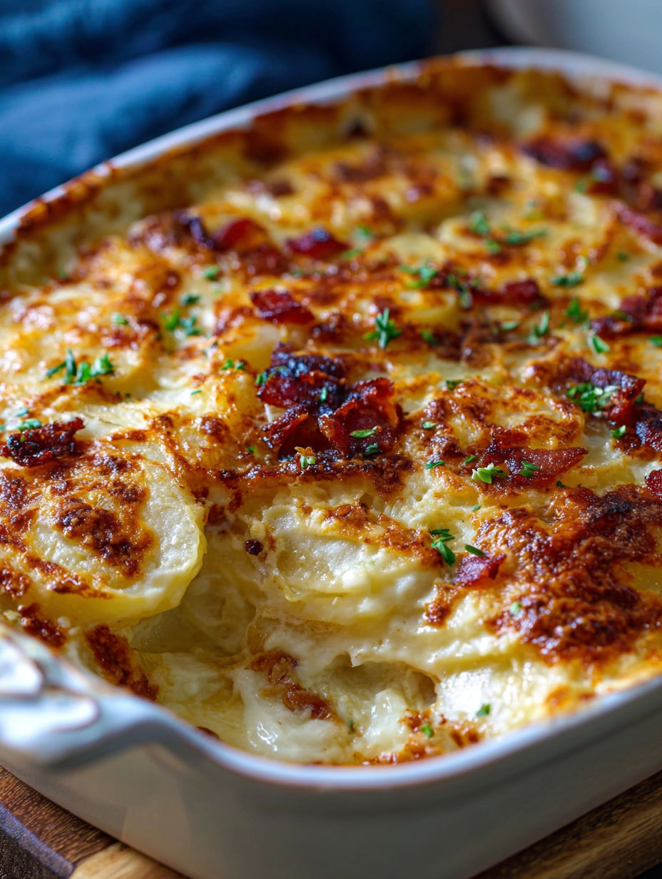 A dish of loaded scalloped potatoes.