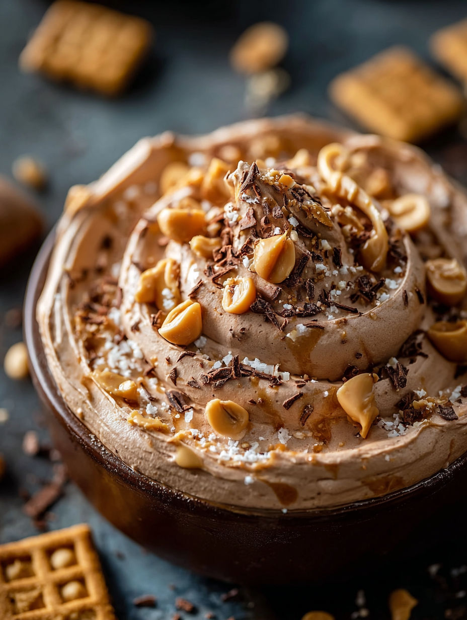 A bowl of peanut butter dip with a spoon in it.