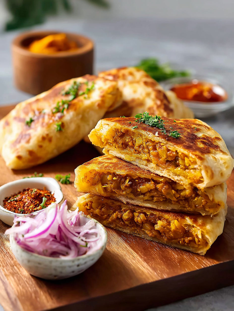 A plate of chicken murtabak with sauce.