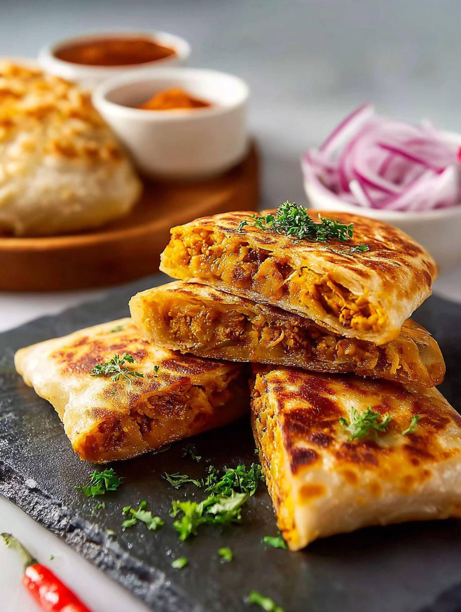 Chicken Murtabak on a black plate.