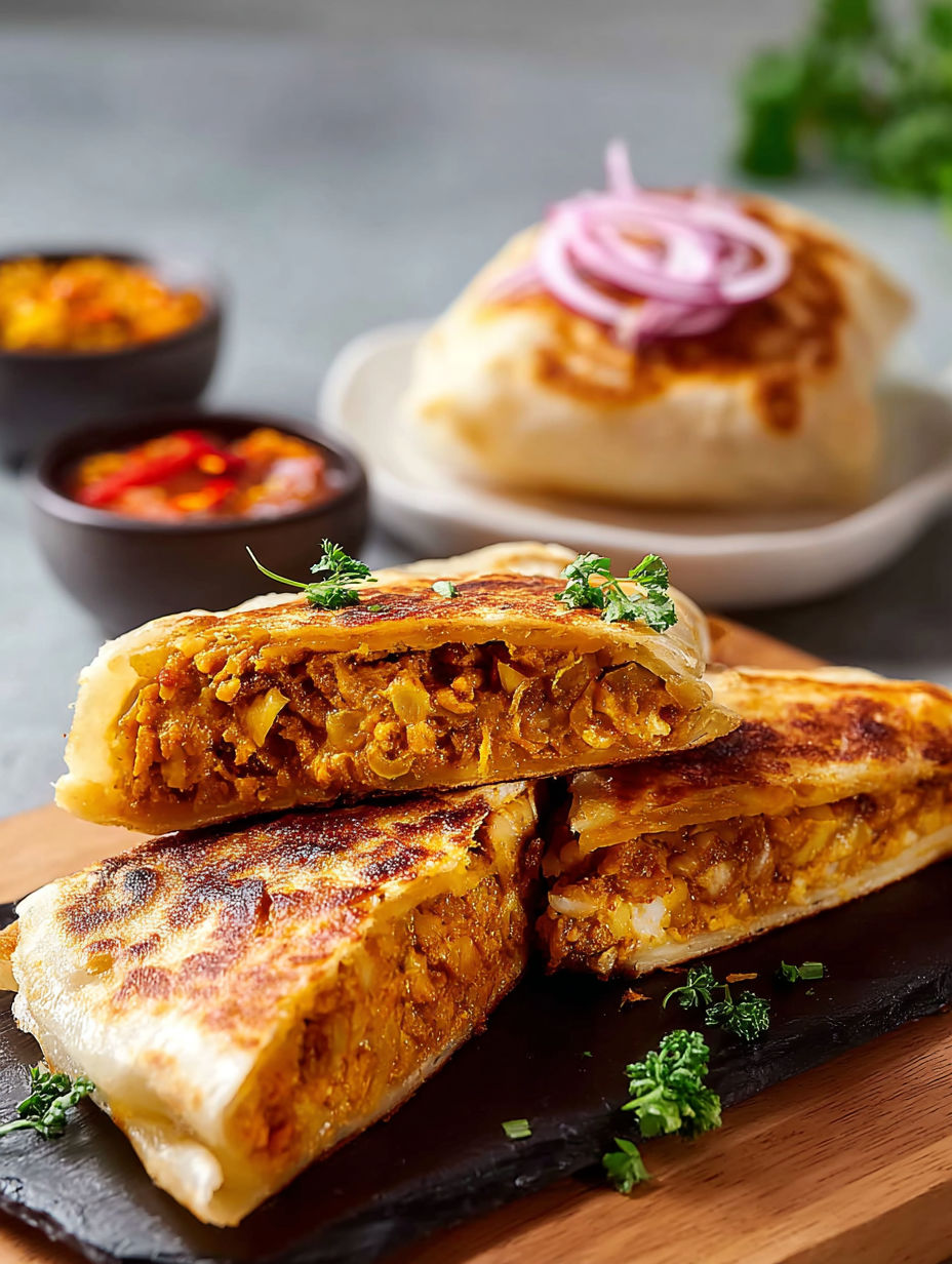 A plate of chicken murtabak with onions and peppers.