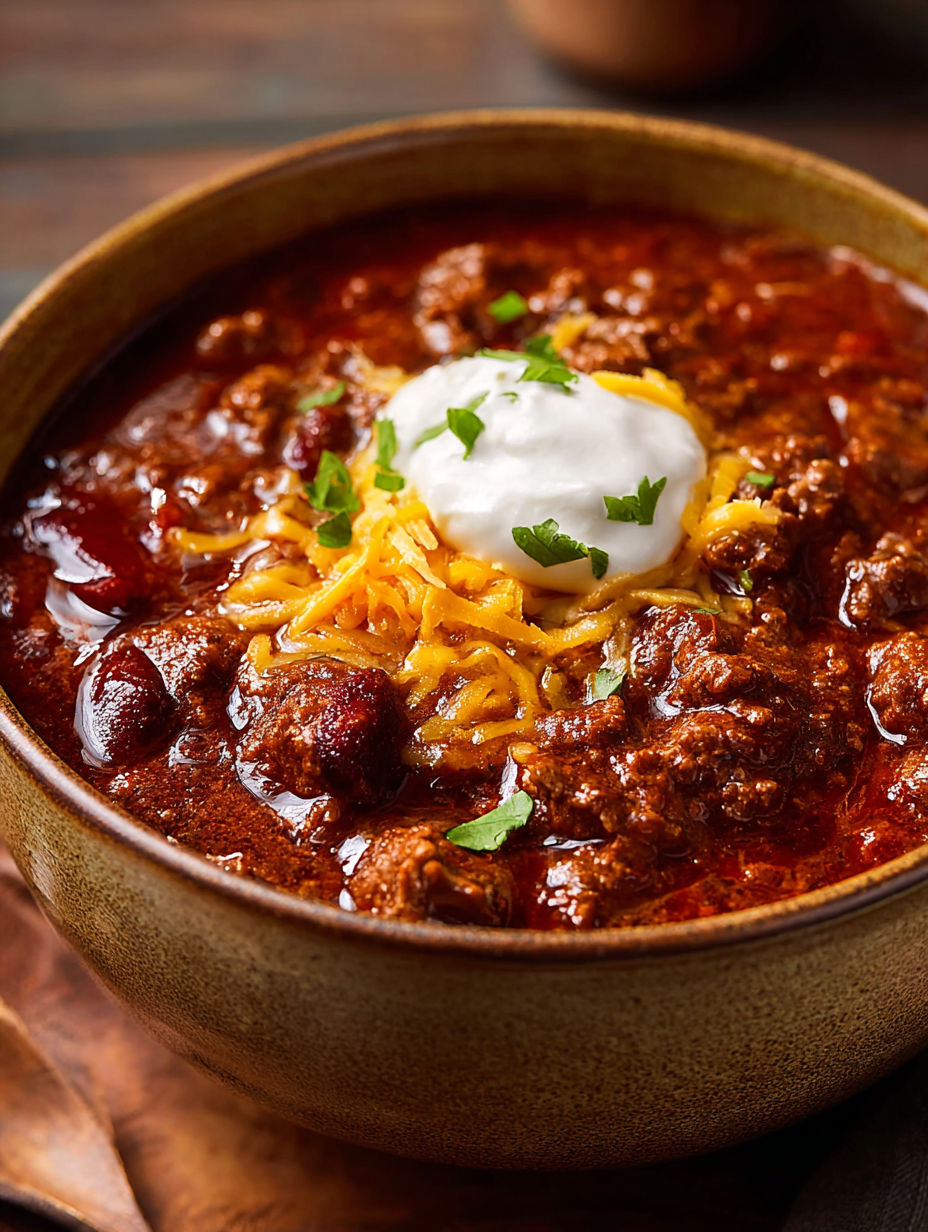 A bowl of Texas chili with a dollop of sour cream on top.