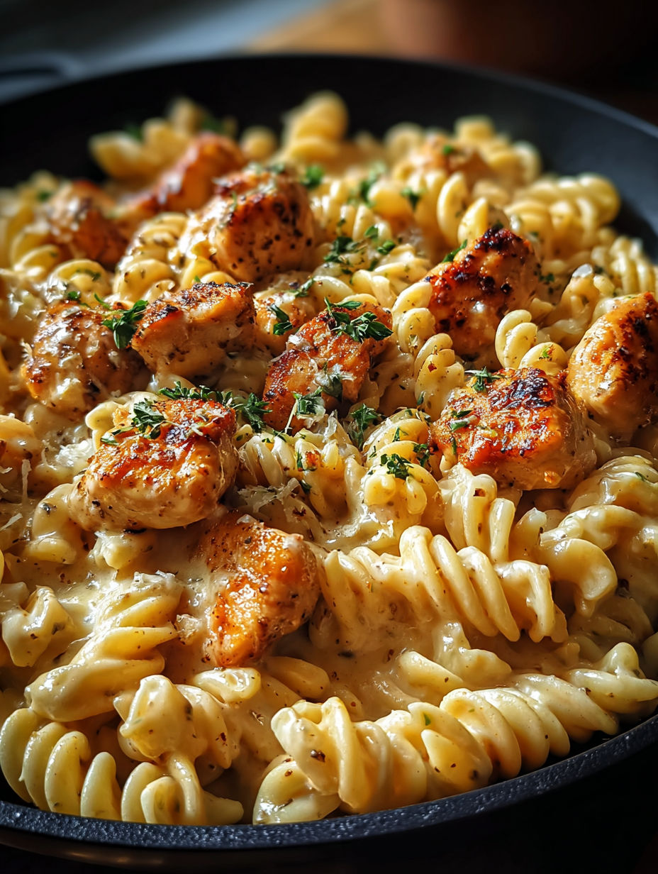A delicious meal of chicken and pasta.