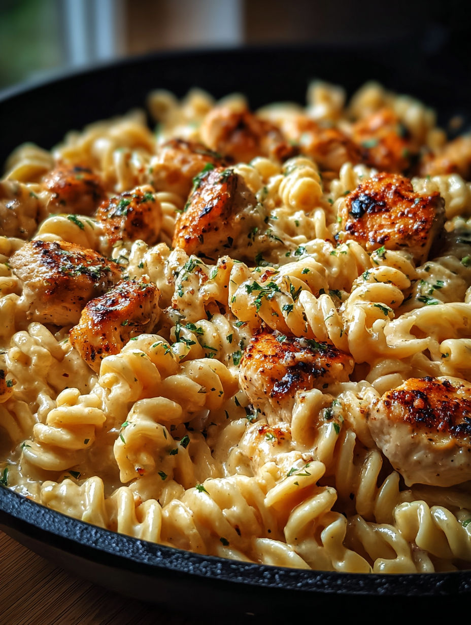 A bowl of pasta with chicken and herbs.