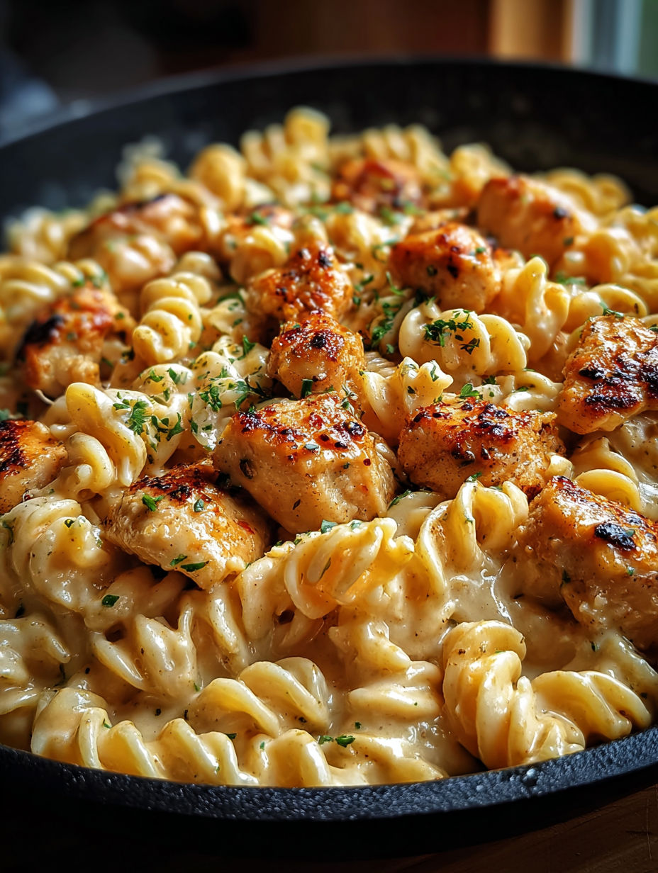 A bowl of pasta with chicken and vegetables.