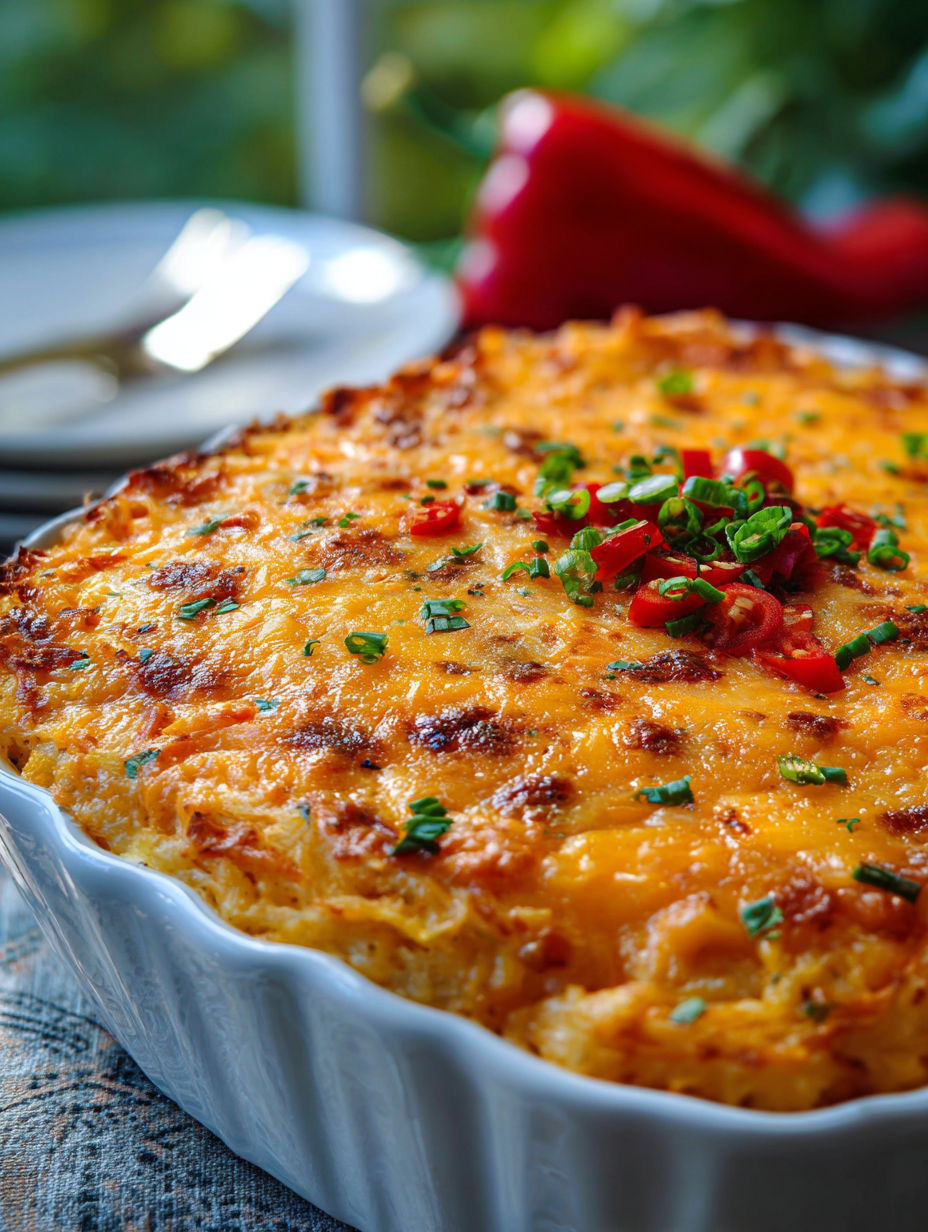 A dish of pimento cheese hash brown casserole.