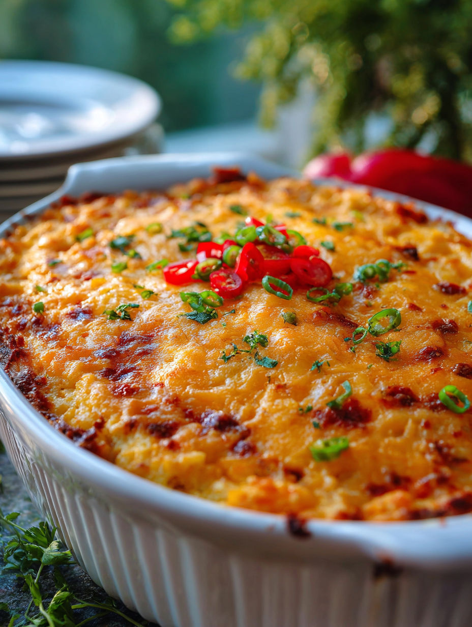 A casserole dish with a green topping.
