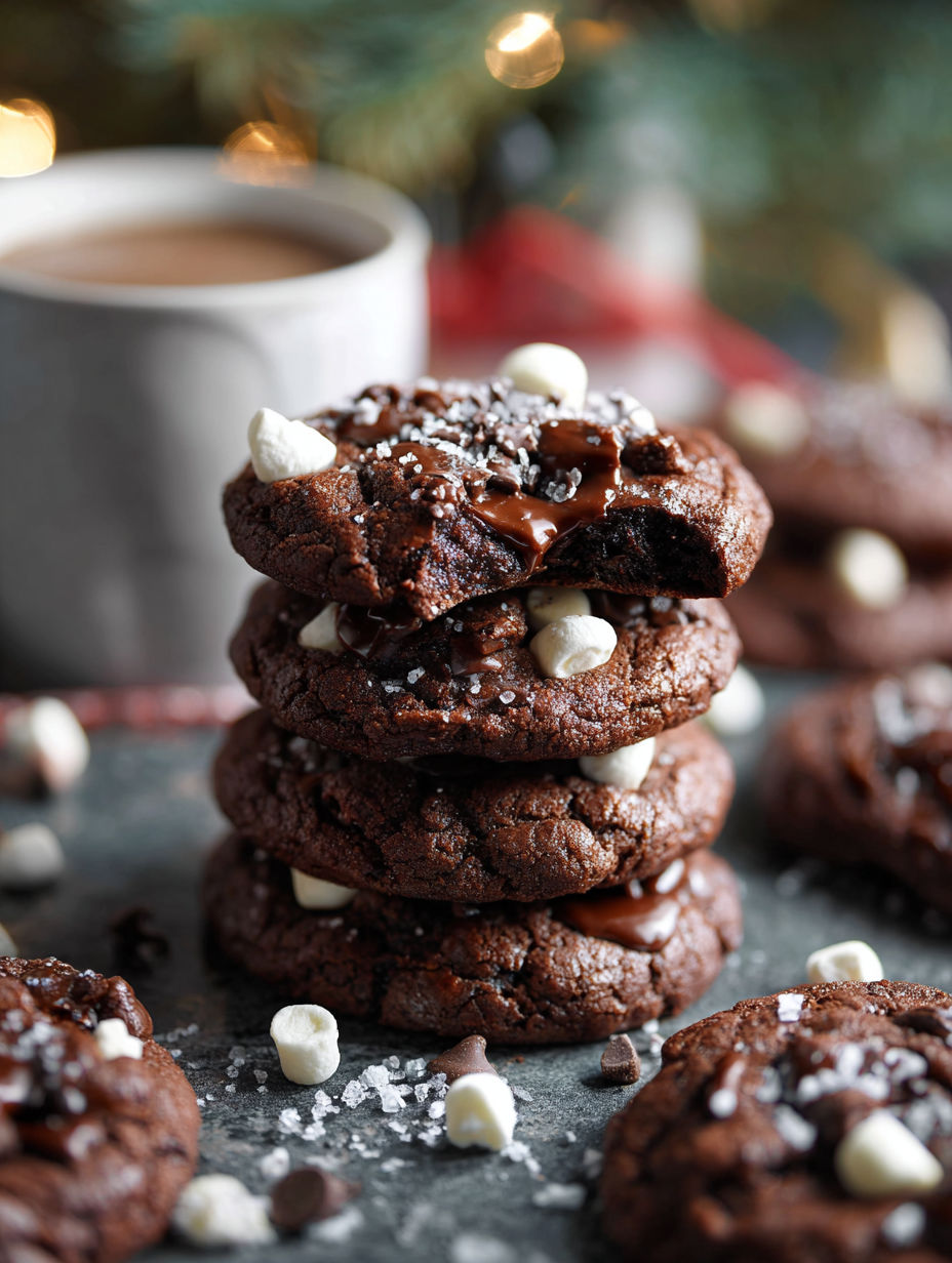 A stack of chocolate cookies with white chocolate chips.