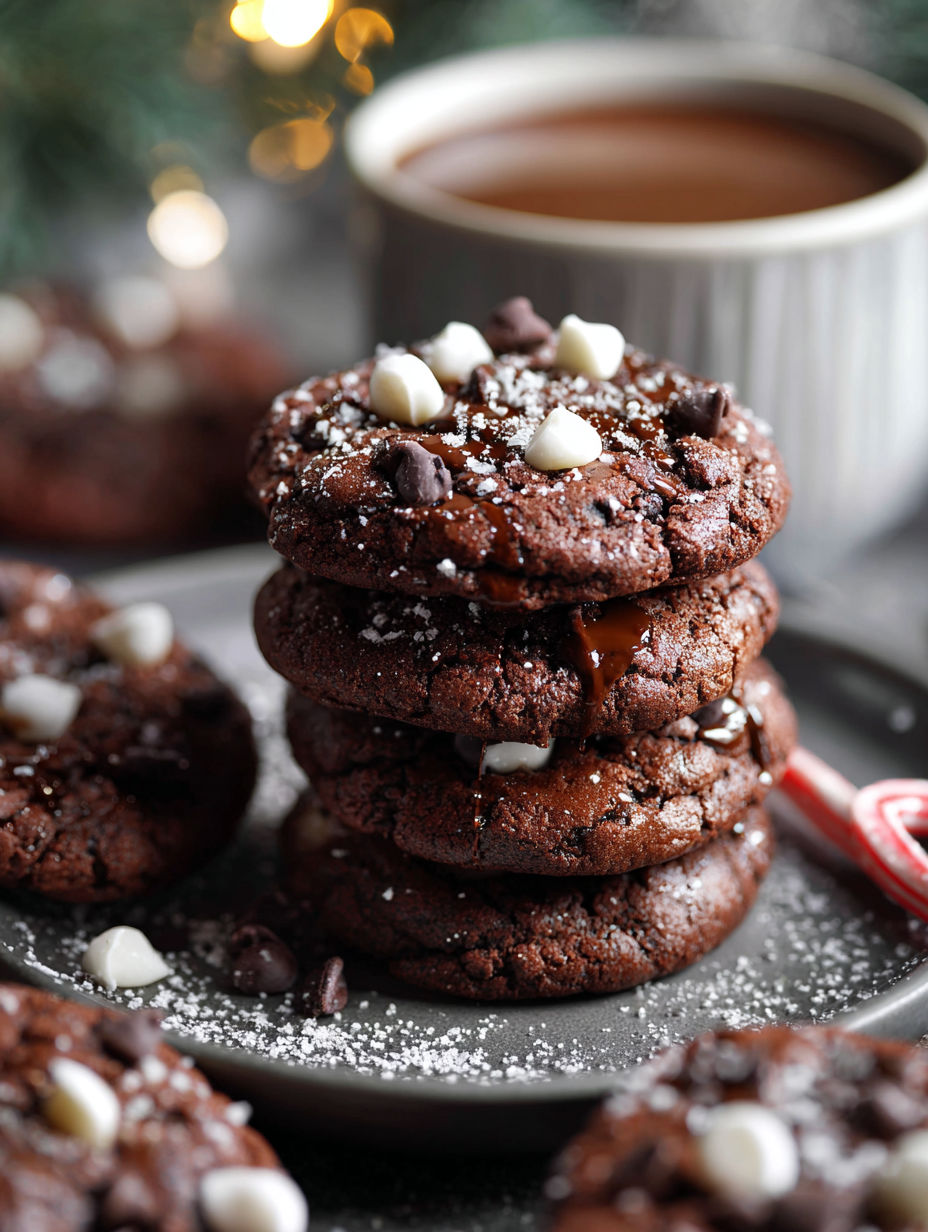A stack of chocolate cookies with white chocolate drizzle.