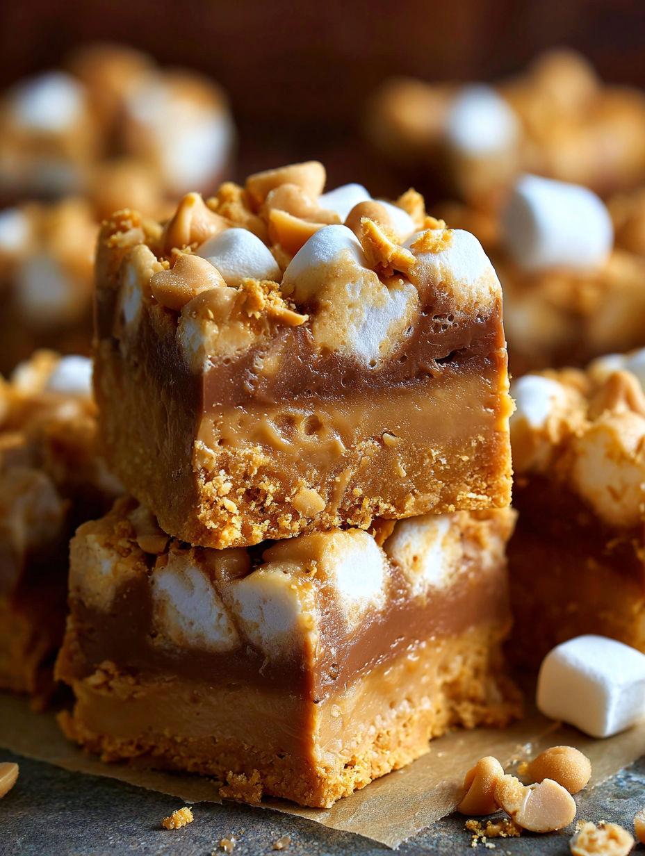 A close up of a peanut butter mallow bar.