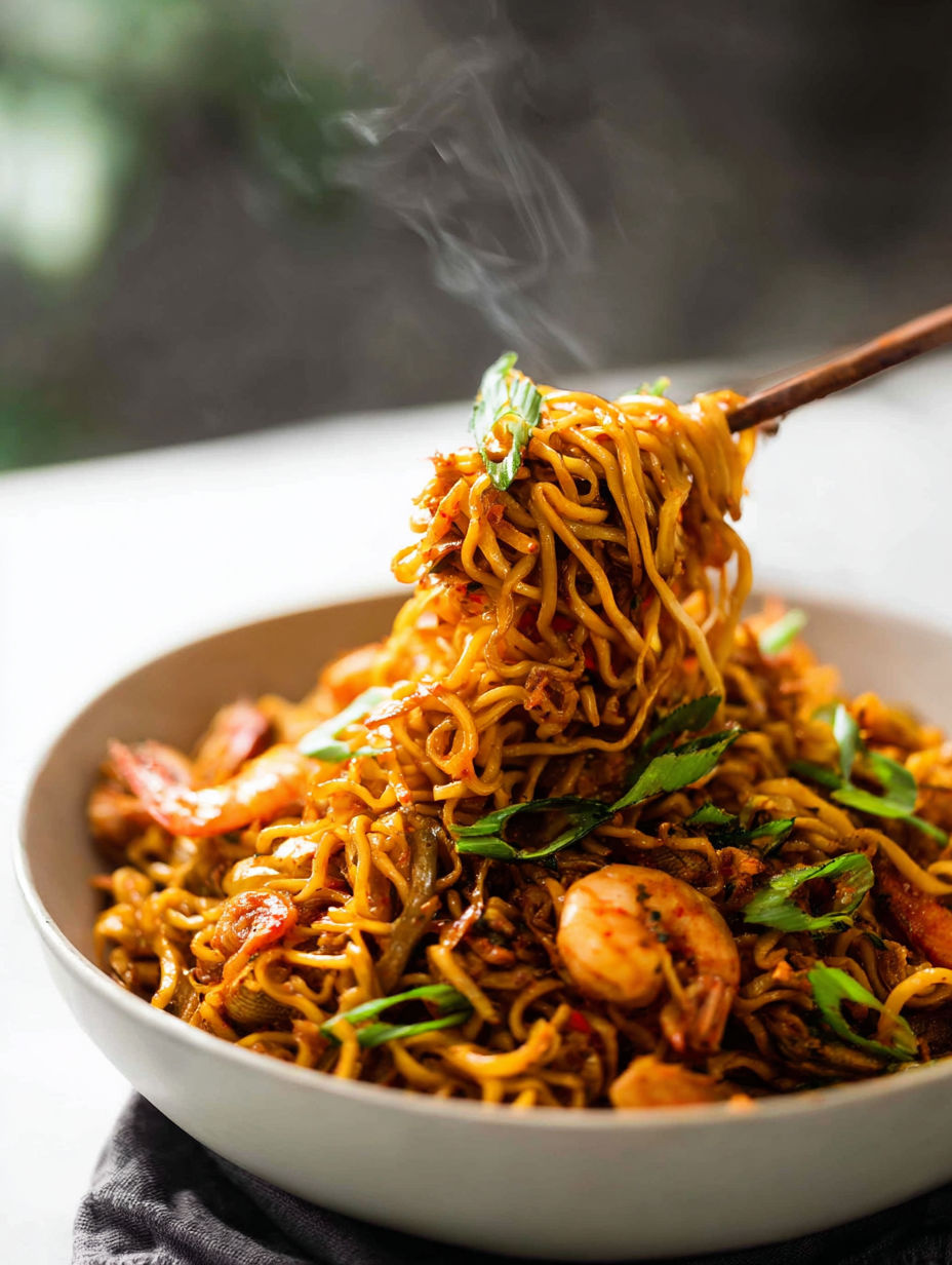 A bowl of noodles with shrimp and vegetables.