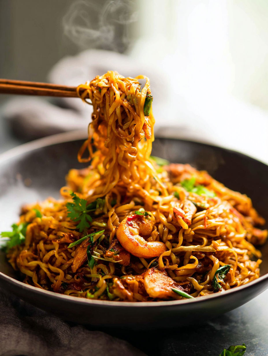 A bowl of Tom Yum Fried Noodles.