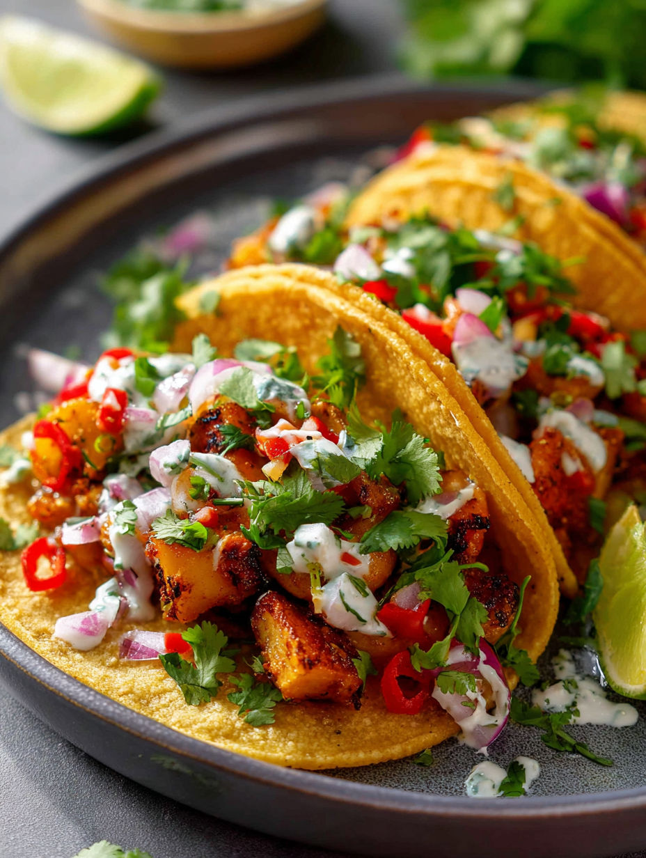A plate of spicy potato tacos.