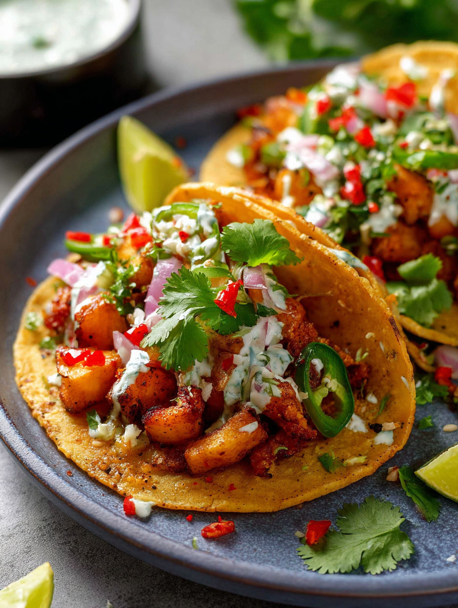 Spicy potato tacos with white sauce and green peppers.