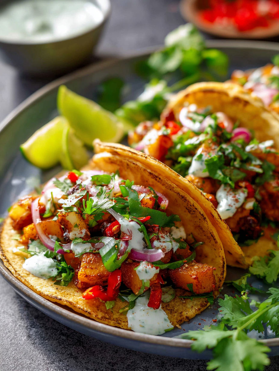 Two spicy potato tacos with white sauce.