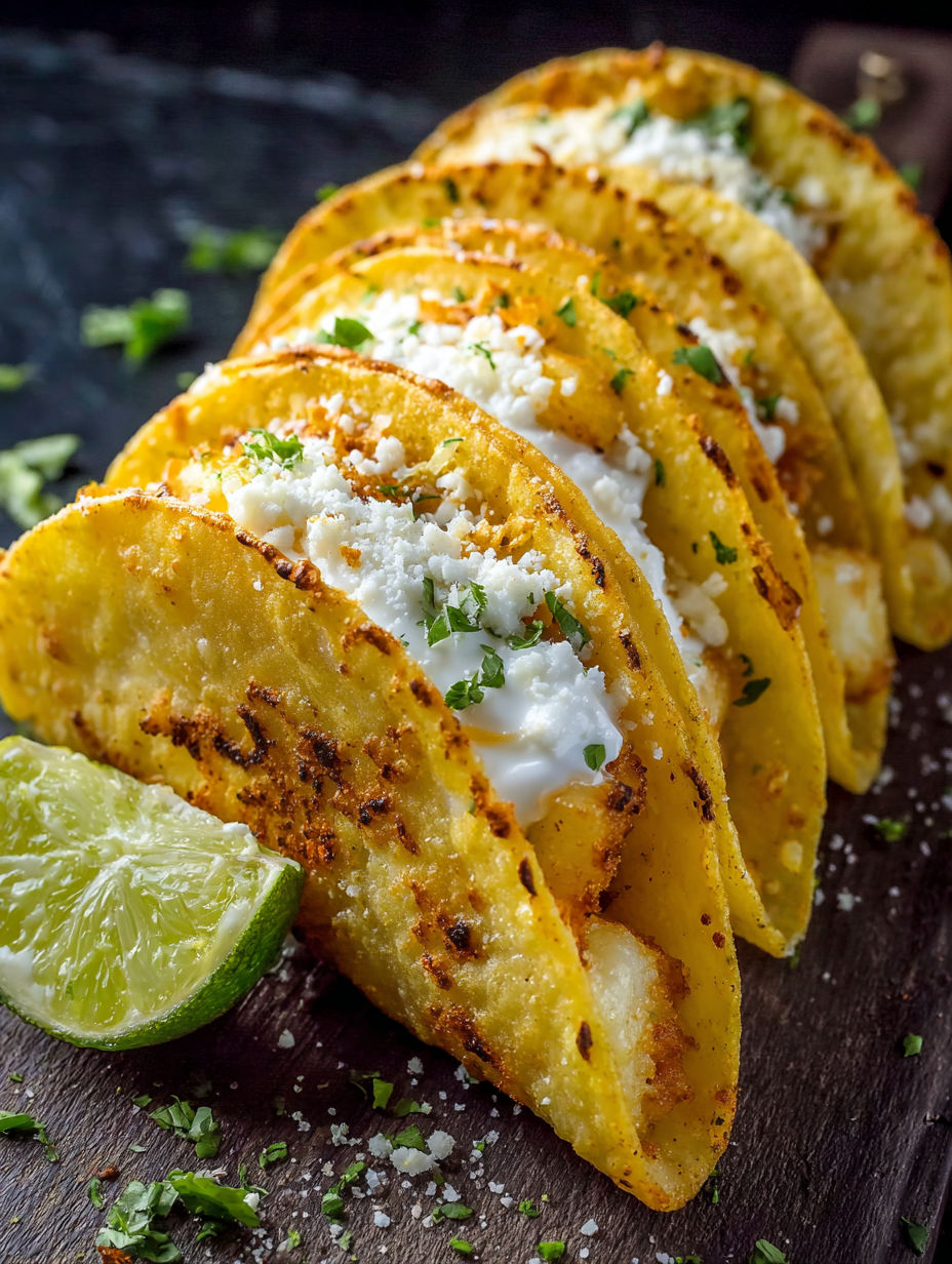 A plate of potato tacos with white cheese and green lime.