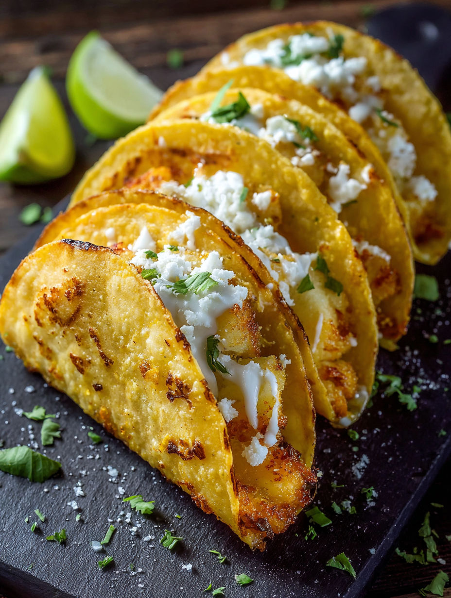 A plate of potato tacos with white cheese and blue cheese.