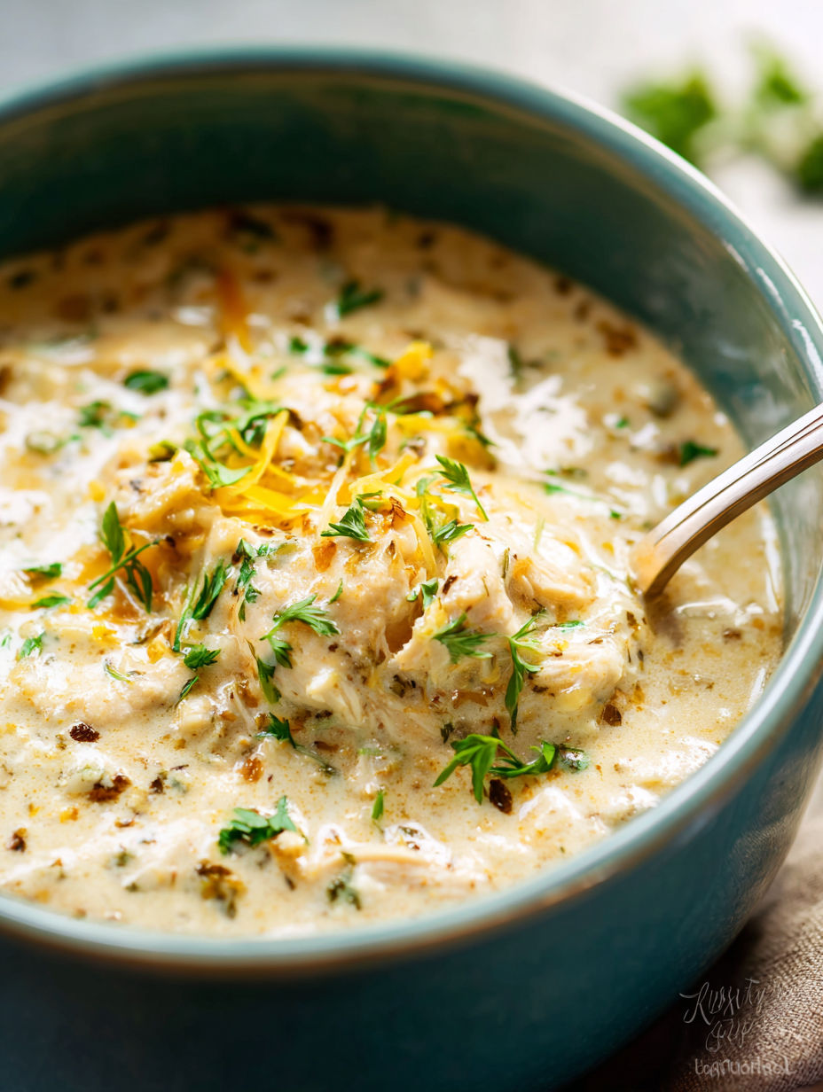 A bowl of chicken chili with a spoon in it.