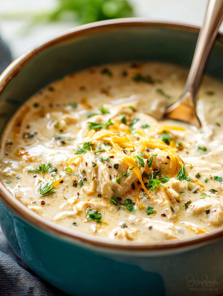 A bowl of chicken chili with a spoon in it.