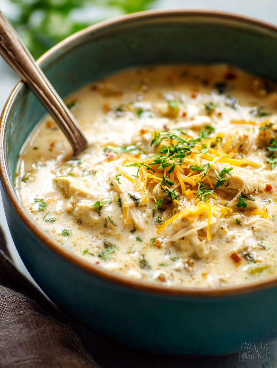 A bowl of chicken chili with a spoon in it.