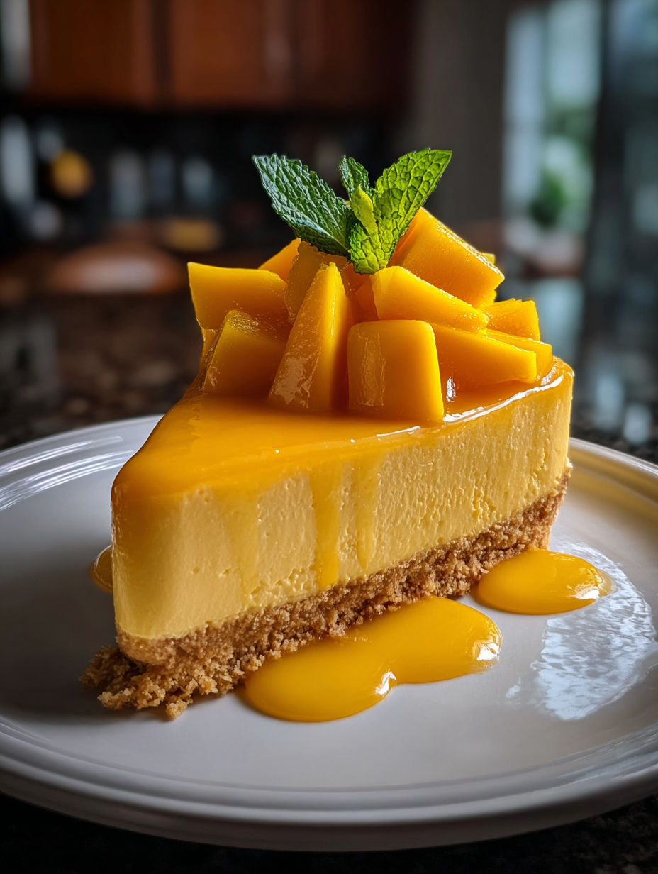 A slice of no-bake mango cheesecake with a mint leaf on top.