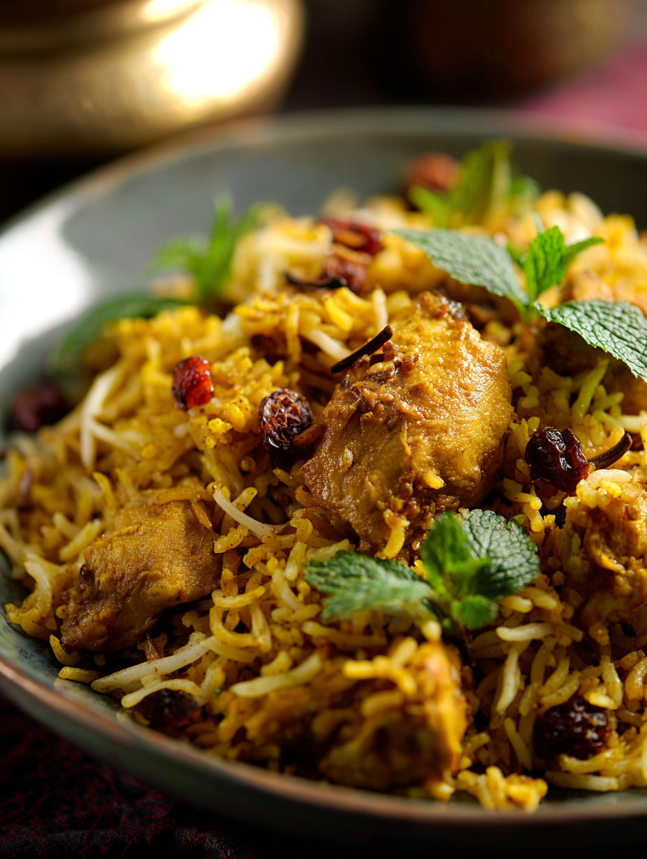 A bowl of chicken biryani with rice, meat, and vegetables.