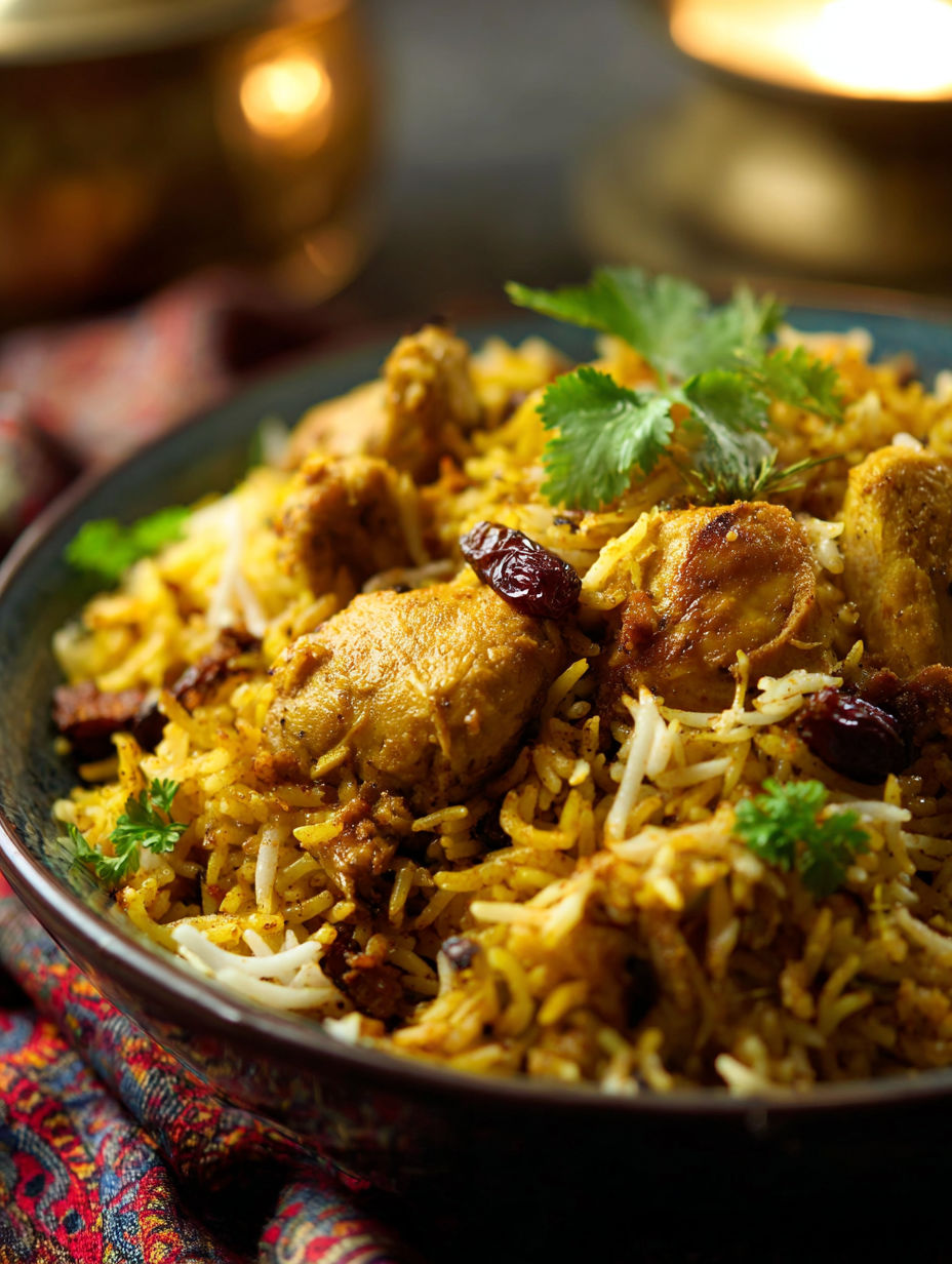 A plate of chicken biryani with rice and vegetables.