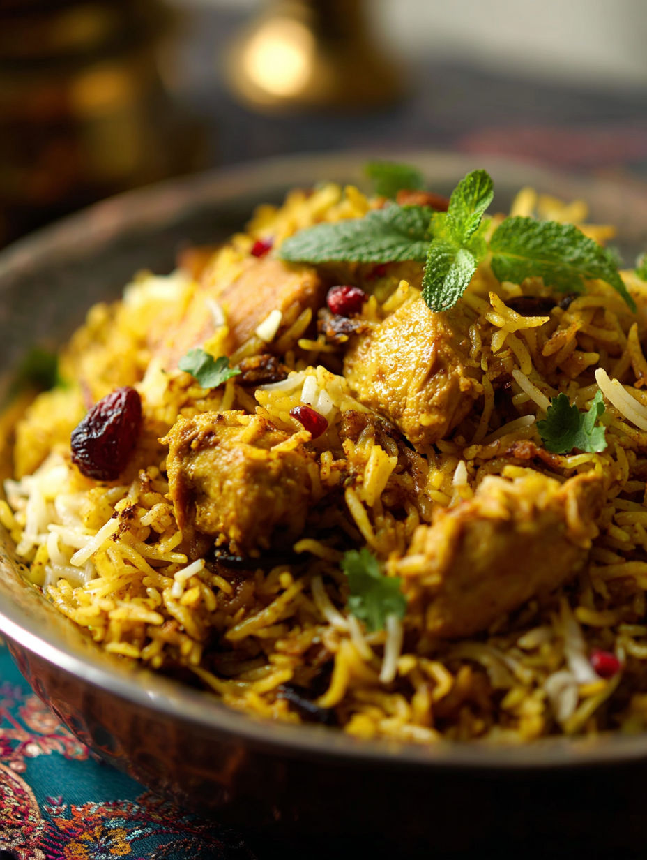 A bowl of chicken biryani.