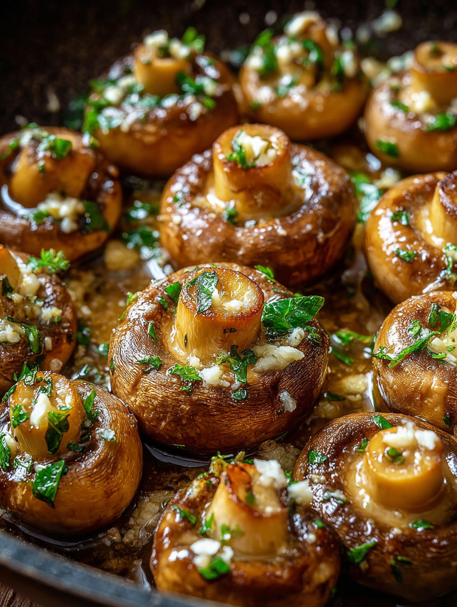Garlic butter mushrooms in a pan.