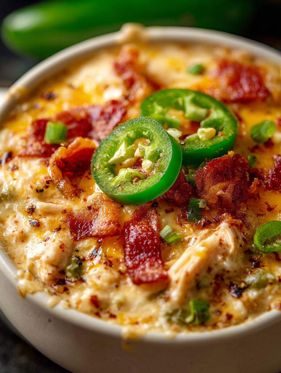 A bowl of chicken jalapeno popper chili with bacon and green peppers.