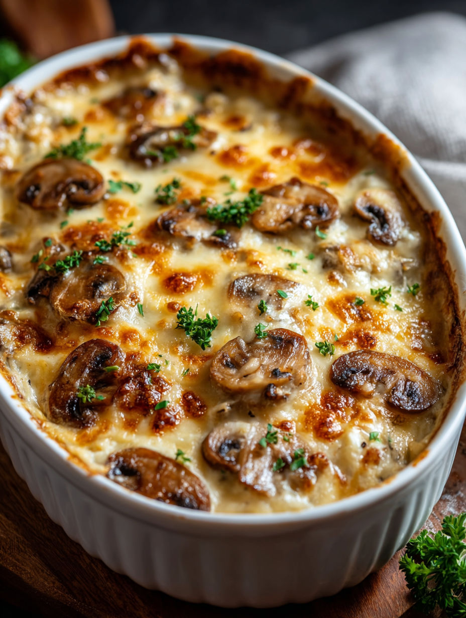 A baked cheesy mushroom casserole in a white bowl.