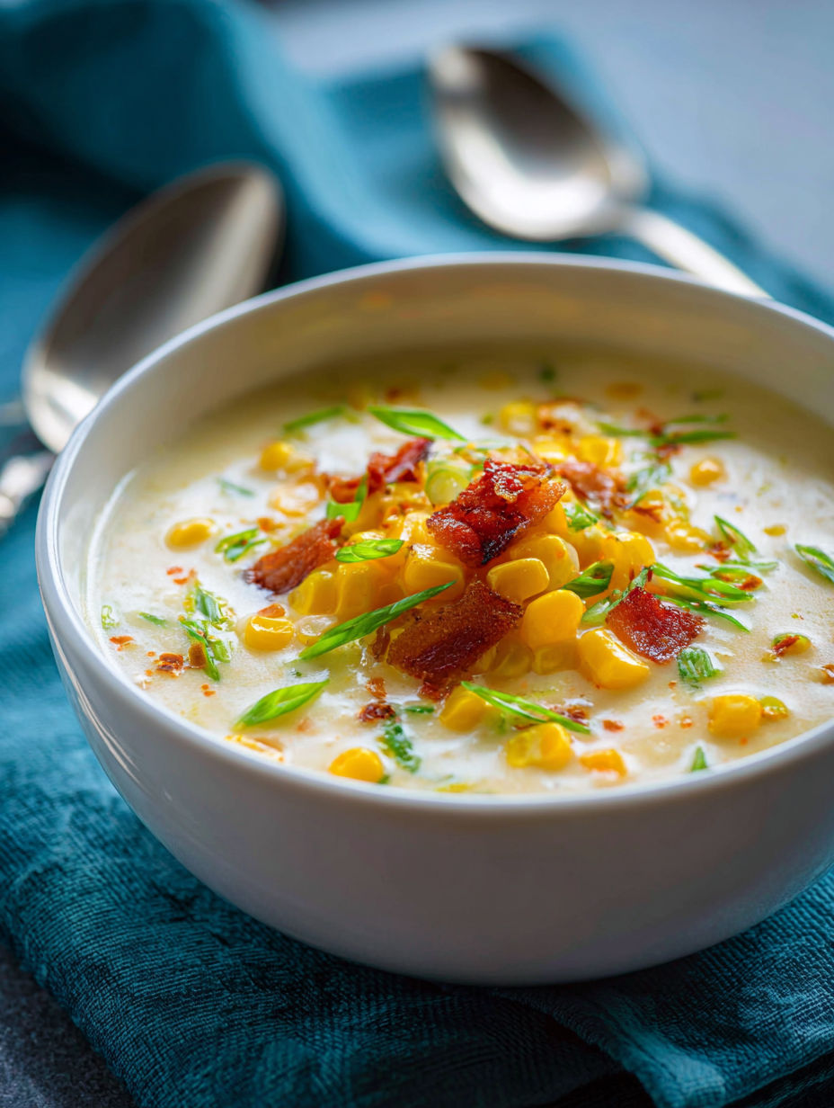 A bowl of corn chowder with bacon and corn.
