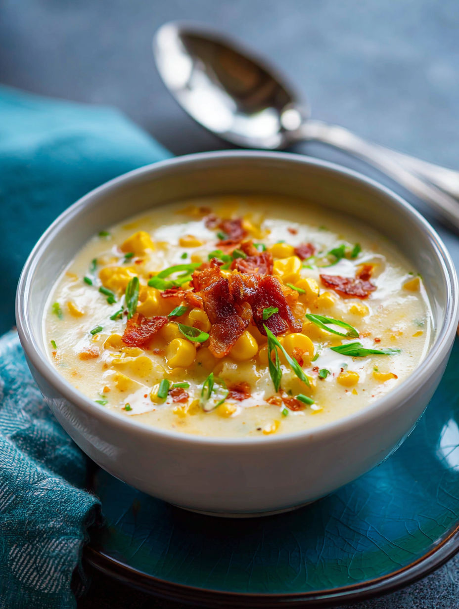 A bowl of corn chowder with bacon and corn.